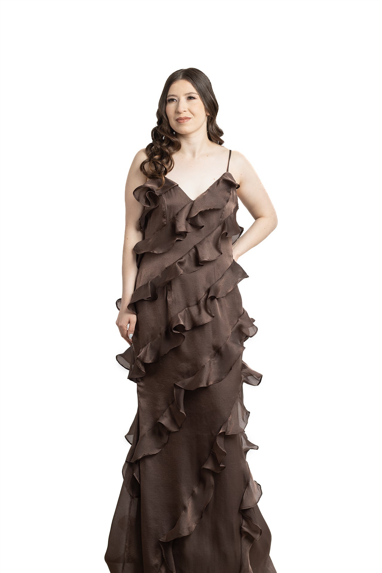 VESTIDO LARGO CHOCOLATE OLANES