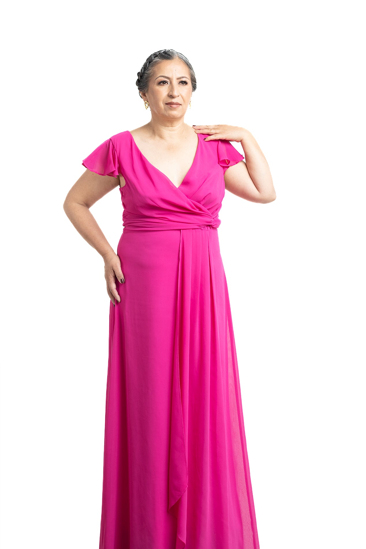 VESTIDO LARGO PLUS MAGENTA MANGA CORTA