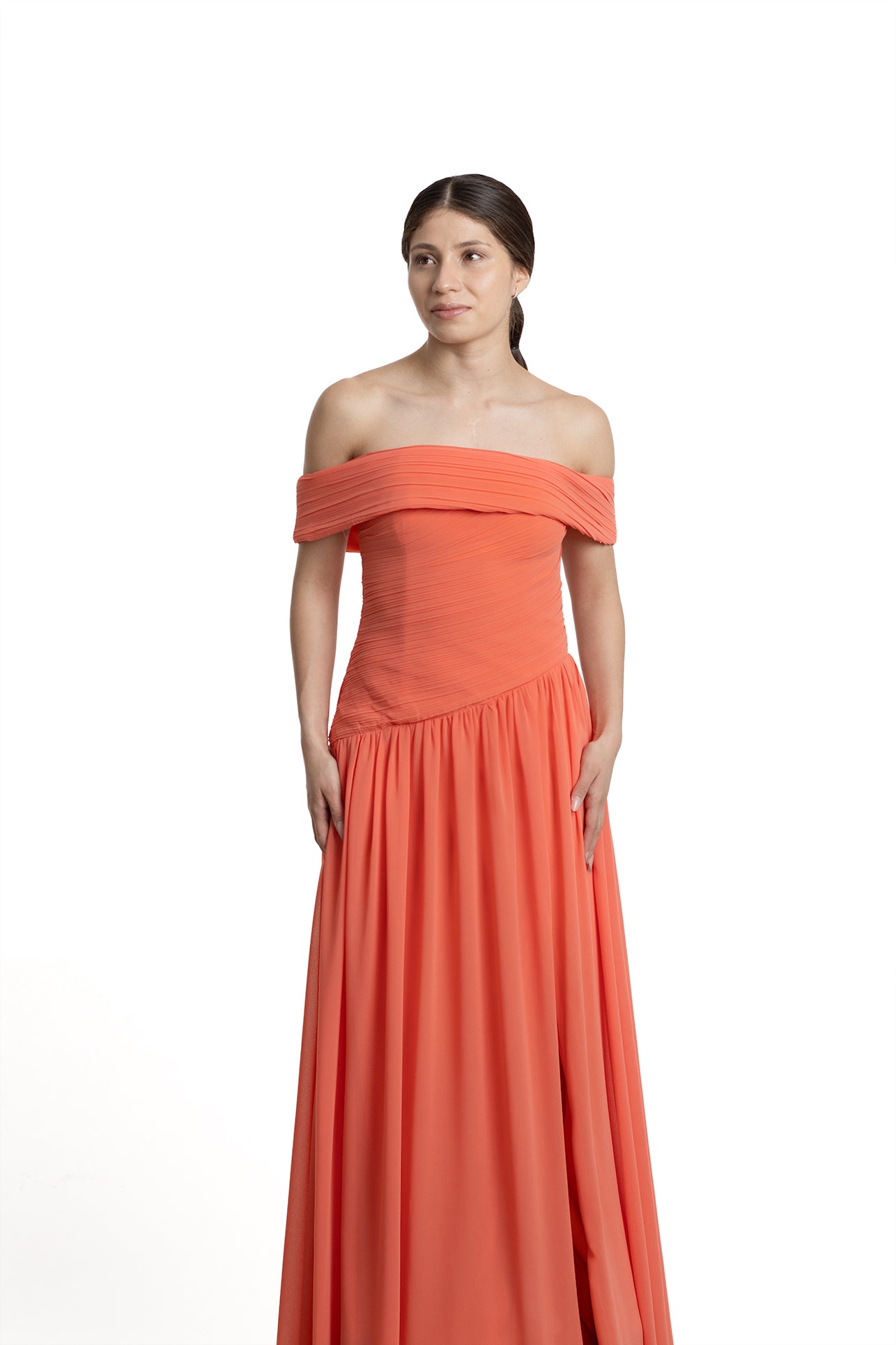 VESTIDO LARGO NARANJA TABLEADO